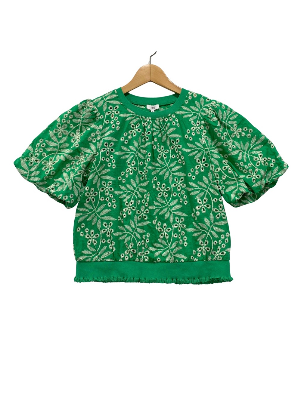 VOY Green Leaf Embroidered Eyelet Puff Bubble Sleeve Blouse Top Small